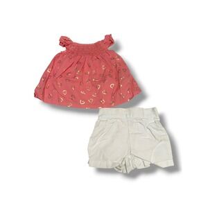 Penelope Mack Baby Girl 18M Pink Gold Heart Smocked Top and White Shorts Set